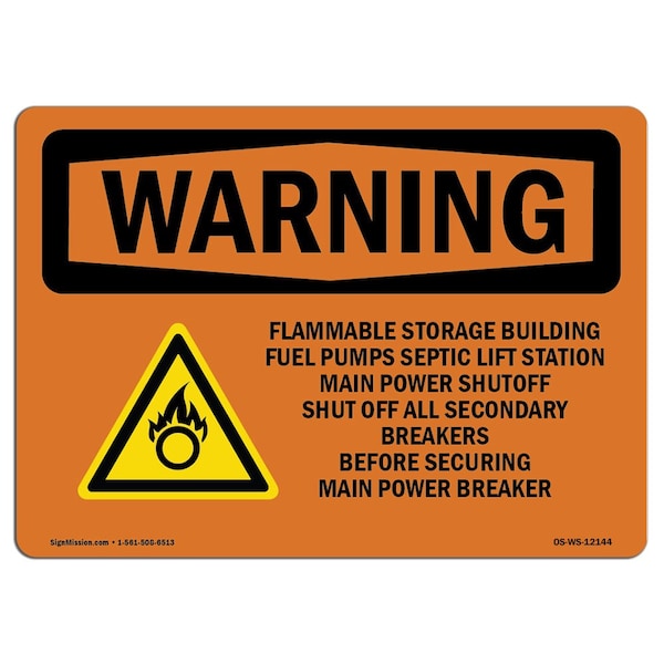 OSHA Warning Sign, 18" Height, 24" Width, Flammable Storage Building Fuel With Symbol, Landscape